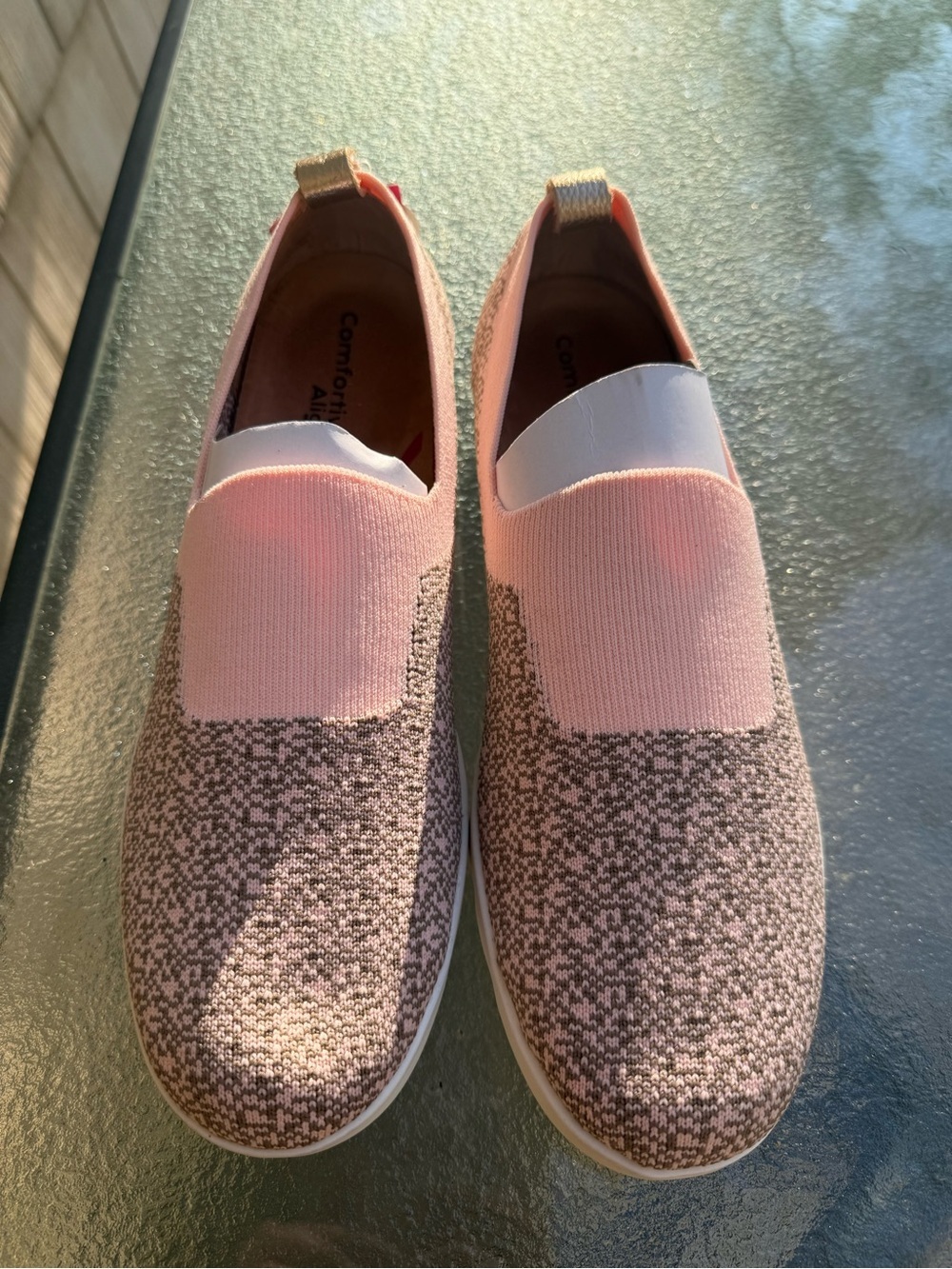 Comfortiva Knit Slip-On Sneakers in Blush and Gold, Washable and Breathable